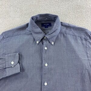 Eton Button Down Shirt Mens L Blue Slim Fit Cotton Lyocell Long Sleeve Pattern